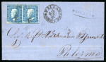 1859 2 Gr. Plate I, non-porous paper (NA), horizontal pair with good to fine margins, on cover dated 16 November to Palermo. Cancelled by a single strike of the framed handstamp, with oval-framed LICATA despatch handstam