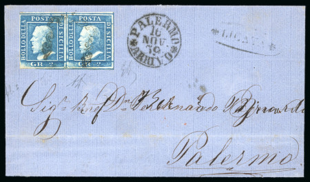 1859 2 Gr. Plate I, non-porous paper (NA), horizontal pair with good to fine margins, on cover dated 16 November to Palermo. Cancelled by a single strike of the framed handstamp, with oval-framed LICATA despatch handstam