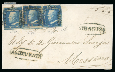 Stamp of Italian States » Sicily » 2 Grana, Plate I » Covers Sicily 1859 (Mar) Registered cover from Siracusa to Messina with three 1859 2 Gr., from different plates