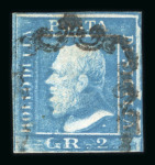 Stamp of Italian States » Sicily » 2 Grana, Plate I » Stamps Sicily 1859 2Gr. plate I, white paper (PA), blue (azzurro), position 91, used showing blurred print (stampe smosse)