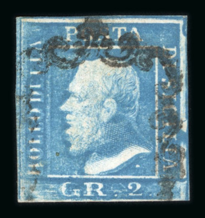 Stamp of Italian States » Sicily » 2 Grana, Plate I » Stamps Sicily 1859 2Gr. plate I, white paper (PA), blue (azzurro), position 91, used showing blurred print (stampe smosse)