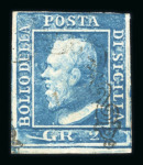 1859 2 Gr. Plate I, blue (azzurro), position 93, with large to just touched margin at top, the other three margins good to large. Showing the characteristic blurred impression (stampa smossa). Fine used example.   A scar