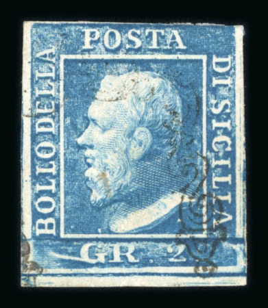 1859 2 Gr. Plate I, blue (azzurro), position 93, with large to just touched margin at top, the other three margins good to large. Showing the characteristic blurred impression (stampa smossa). Fine used example.   A scar