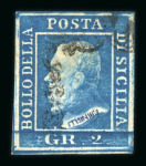 Stamp of Italian States » Sicily » 2 Grana, Plate I » Stamps Sicily 1859 2 Gr. plate I, bright blue (azzuro vivo), used, showing on the reverse a dramatic offset