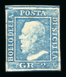 1859 2 Gr. Plate I, light blue (azzurro chiaro), position 7, large even margins, showing retouch, mint with original white gum. A fine unused example.  Expertise: Signed "ED" Emilio Diena.