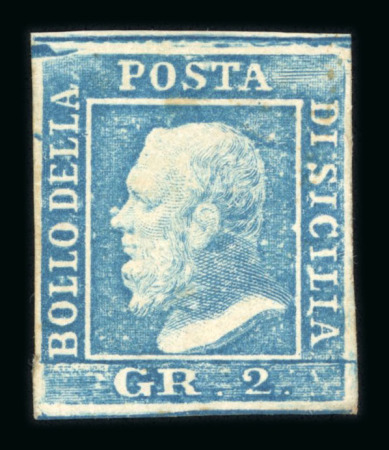1859 2 Gr. Plate I, light blue (azzurro chiaro), position 7, large even margins, showing retouch, mint with original white gum. A fine unused example.  Expertise: Signed "ED" Emilio Diena.