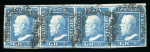 Stamp of Italian States » Sicily » 2 Grana, Plate I » Retouches Sicily 1859 2 Gr. plate I, bright blue (azzurro vivo), used horizontal strip of four, positions 7-10, good to large margins, showing position 7 retouch, very fine and a rare used multiple with the retouch.