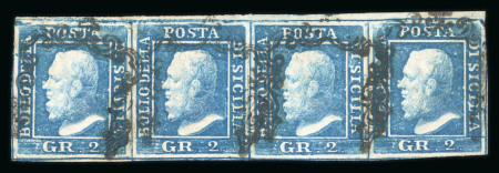 Stamp of Italian States » Sicily » 2 Grana, Plate I » Retouches Sicily 1859 2 Gr. plate I, bright blue (azzurro vivo), used horizontal strip of four, positions 7-10, good to large margins, showing position 7 retouch, very fine and a rare used multiple with the retouch.