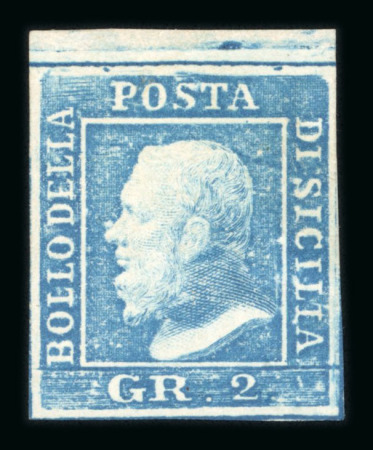 1859 2 Gr. Plate I, porous paper (PA), blue (azzurro), position 8 showing retouch, top sheet marginal example with fine margins. Mint with original white gum. A fine and attractive unused example.