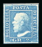 Stamp of Italian States » Sicily » 2 Grana, Plate I » Retouches Sicily 1859 2 Gr. plate I, white paper (PA) blue (azzurro), mint with original white gum, position 8 retouch, mint