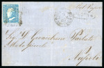 1859 2 Gr. Plate I, blue (azzurro), position 8 showing retouch, with close to good margins, tied to cover from Licata to Naples. Endorsed "Col Vapore", with faint oval LICATA despatch handstamp, Palermo transit marking, 