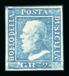 Stamp of Italian States » Sicily » 2 Grana, Plate I » Retouches Sicily 1859 2Gr plate I, azzurro retouch position 36 white gum large part o.g.