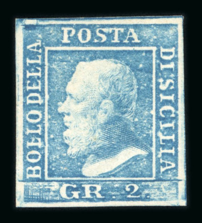 Stamp of Italian States » Sicily » 2 Grana, Plate I » Retouches Sicily 1859 2Gr plate I, azzurro retouch position 36 white gum large part o.g.