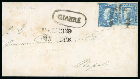 1859 2 Gr. Plate I, two single examples showing retouches in positions 36 and 78, on cover dated 23 October to Naples. Unusually franked and tied by a single cancellation. Oval-framed GIARRE despatch handstamp and Messin