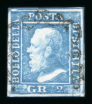 1859 2 Gr. Plate I, blue (azzurro), position 36 showing retouch (lower left corner), with four margins. Fine used example.  Expertise: Signed "AD" Alberto Diena.
