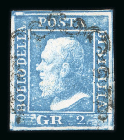 1859 2 Gr. Plate I, blue (azzurro), position 36 showing retouch (lower left corner), with four margins. Fine used example.  Expertise: Signed "AD" Alberto Diena.