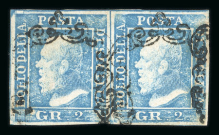 Stamp of Italian States » Sicily » 2 Grana, Plate I » Retouches Sicily 1859 2 Gr. plate I, blue (azzurro), used horizontal pair, position 36-37, good margins, the left-hand stamp position 36 retouched, very fine and scarce.