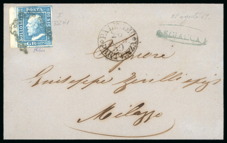 Stamp of Italian States » Sicily » 2 Grana, Plate I » Retouches Sicily 1859 (26.4) Folded letter sheet to Melazzo, bearing single franking left-hand sheet marginal 1859 2 Gr. plate I, showing position 41 retouch with frame cancel at an angle, bluish SCIACCA despatch at right and Pale