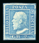Stamp of Italian States » Sicily » 2 Grana, Plate I » Retouches 1859 2 Gr. plate I, blue (azzurro), mint with partial original white gum, showing position 51 retouch in hair