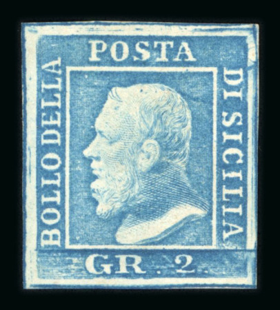 Stamp of Italian States » Sicily » 2 Grana, Plate I » Retouches 1859 2 Gr. plate I, blue (azzurro), mint with partial original white gum, showing position 51 retouch in hair