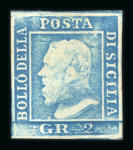 Stamp of Italian States » Sicily » 2 Grana, Plate I » Retouches Sicily 1859 2Gr plate I, blue (azzurro), mint with original white gum, four good margins, showing position 55 retouch, very fine and scarce.