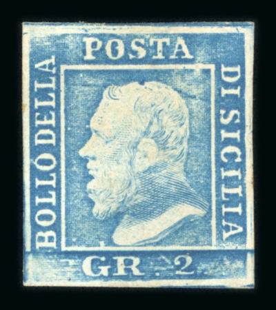 Stamp of Italian States » Sicily » 2 Grana, Plate I » Retouches Sicily 1859 2Gr plate I, blue (azzurro), mint with original white gum, four good margins, showing position 55 retouch, very fine and scarce.