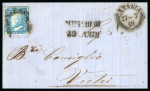 Stamp of Italian States » Sicily » 2 Grana, Plate I » Retouches Sicily 1859 2 Gr. plate I, bright blue (azzurro chiaro), four good margins, showing position 55 retouch, single on 1859 (27.7) cover from Catania via Messina to Viotri, very fine and scarce
