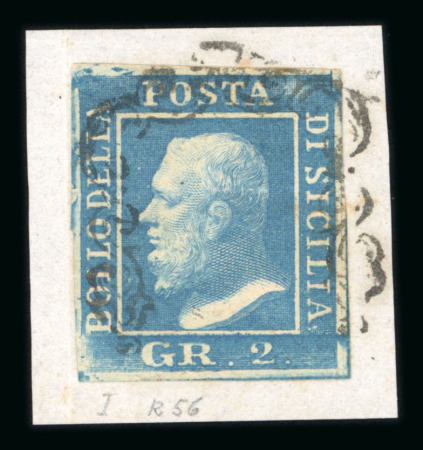 1859 2 Gr. Plate I, cobalt-blue (cobalto), position 56 showing retouch, with small even margins, tied to small fragment. Fine used example.