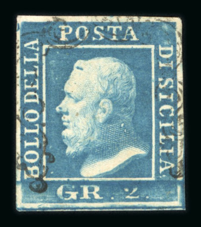 1859 2 Gr. Plate I, pale blue (azzurro smorto), position 57 showing retouch, with four good margins. Fine used example.  Expertise: Signed "ED" Emilio Diena.