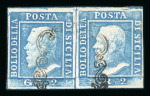 1859 2 Gr. Plate I, very light blue (azzurro chiaro), horizontal pair, one stamp showing the retouch in position 57. Fine used example, cancelled by a single strike, contrary to regulations, tiny thin spot on position 58
