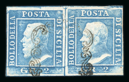 1859 2 Gr. Plate I, very light blue (azzurro chiaro), horizontal pair, one stamp showing the retouch in position 57. Fine used example, cancelled by a single strike, contrary to regulations, tiny thin spot on position 58