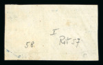1859 2 Gr. Plate I, very light blue (azzurro chiaro), horizontal pair, one stamp showing the retouch in position 57. Fine used example, cancelled by a single strike, contrary to regulations, tiny thin spot on position 58