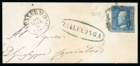 1859 2 Gr. Plate I, blue (azzurro), position 57 showing retouch, tied to large fragment by a blue-framed cancellation. Oval-framed VALLELUNGA despatch handstamp alongside   A fine and attractive part cover, clearly displ