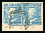 Stamp of Italian States » Sicily » 2 Grana, Plate I » Retouches Sicily 1859 2 Gr. plate I, blue (azzurro), used horizontal pair on fragment with single cancel, position 71-72, retouch position 71, very fine and scarce.