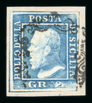 1859 2 Gr. Plate I, light blue (azzurro chiaro), position 79 showing retouch, with four margins, used on small fragment. Fine used example.