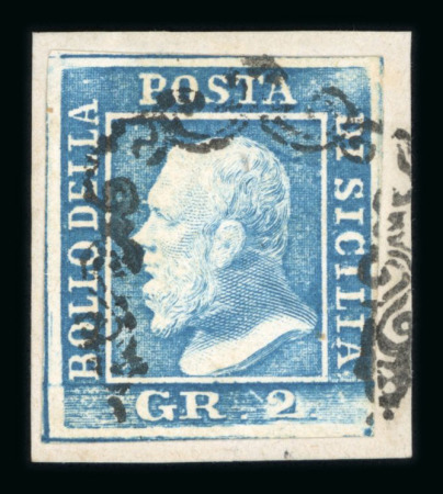 1859 2 Gr. Plate I, light blue (azzurro chiaro), position 79 showing retouch, with four margins, used on small fragment. Fine used example.