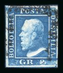 1859 2 Gr. Plate I, bright blue (azzurro vivo), position 79 showing retouch, with four good even margins. Fine used example.  Expertise: Signed "AD" Alberto Diena