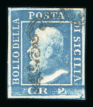 1859 2 Gr. Plate I, blue (azzurro), position 79 showing retouch, with four good margins. Fine used example.  Expertise: Signed "AD" Alberto Diena.