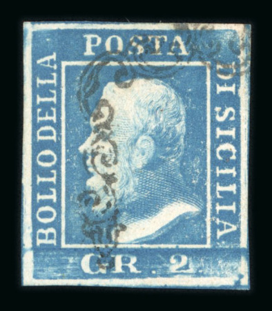 1859 2 Gr. Plate I, blue (azzurro), position 79 showing retouch, with four good margins. Fine used example.  Expertise: Signed "AD" Alberto Diena.