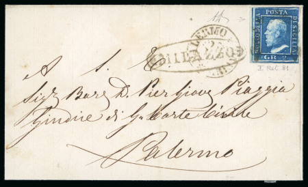 1859 2 Gr. Plate I, bright blue (azzurro vivo), position 81 showing retouch, with fine margins and partial sheet margin at left, on cover to Palermo. Tied by oval-framed MILAZZO despatch handstamp, overstruck by Palermo 