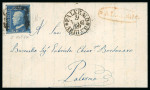 1859 2 Gr. Plate I, blue (azzurro), non-porous paper (NA), position 84 showing retouch, on entire dated May to Palermo. Tied by framed cancellation, with red oval-framed ALCAMO despatch handstamp and Palermo arrival cds 