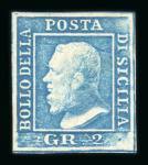 Stamp of Italian States » Sicily » 2 Grana, Plate I » Retouches Sicily 1859 2 Gr. plate I, blue (azzurro), mint with original white gum, showing retouch position 88, very fine and scarce.