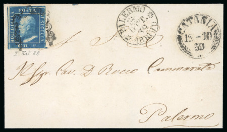 1859 2 Gr. Plate I, bright blue (azzurro vivo), position 81 showing retouch, with four good margins, on cover dated 12 October from Catania to Palermo.   A fine and attractive single-franking cover, clearly displaying th