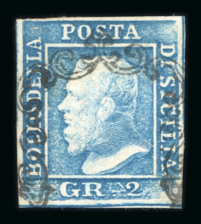 1859 2 Gr. Plate I, light blue (azzurro chiaro), position 88 showing retouch, with four margins. Fine used example.  Expertise: Signed "AD" Alberto Diena.