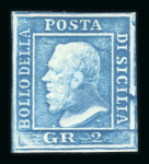 Stamp of Italian States » Sicily » 2 Grana, Plate I » Retouches Sicily 1859 2 Gr. plate I, blue (azzurro), mint with original white gum, showing position 91 retouch, four good margins, fine and scarce.