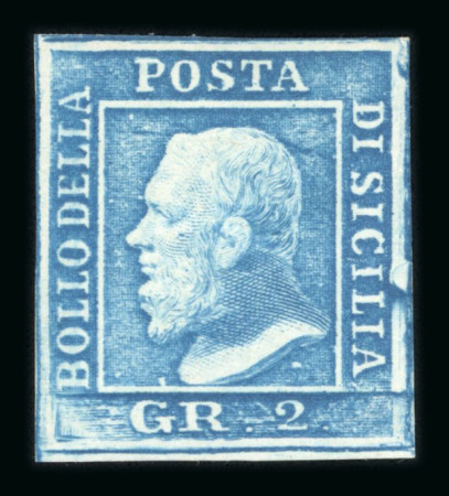 Stamp of Italian States » Sicily » 2 Grana, Plate I » Retouches Sicily 1859 2 Gr. plate I, blue (azzurro), mint with original white gum, showing position 91 retouch, four good margins, fine and scarce.