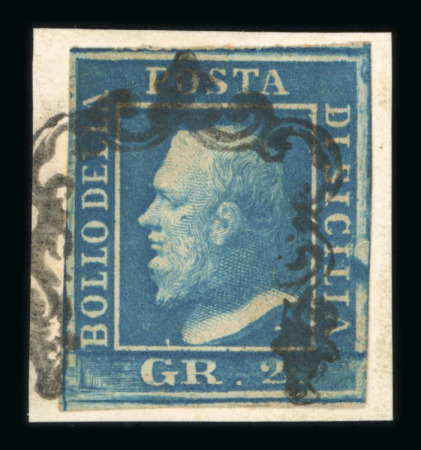 1859 2 Gr. Plate I, cobalt-blue (cobalto), position 91 showing retouch, on small piece. Fine used example.  Expertise: Signed "AD" Alberto Diena, handstamped Asinelli.