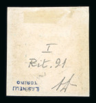 1859 2 Gr. Plate I, cobalt-blue (cobalto), position 91 showing retouch, on small piece. Fine used example.  Expertise: Signed "AD" Alberto Diena, handstamped Asinelli.