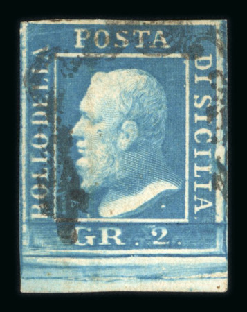 Stamp of Italian States » Sicily » 2 Grana, Plate I » Retouches Sicily 1859 2 Gr. plate I, cobalt (cobalto), used bottom sheet marginal single, showing position 91 retouch