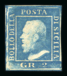 1859 2 Gr. Plate I, non-porous paper (NA), blue (azzurro), position 92 showing retouch, with four good to close margins. Fresh mint example with original brownish gum. A rarity.  Expertise: Signed "AD" Alberto Diena. Cer
